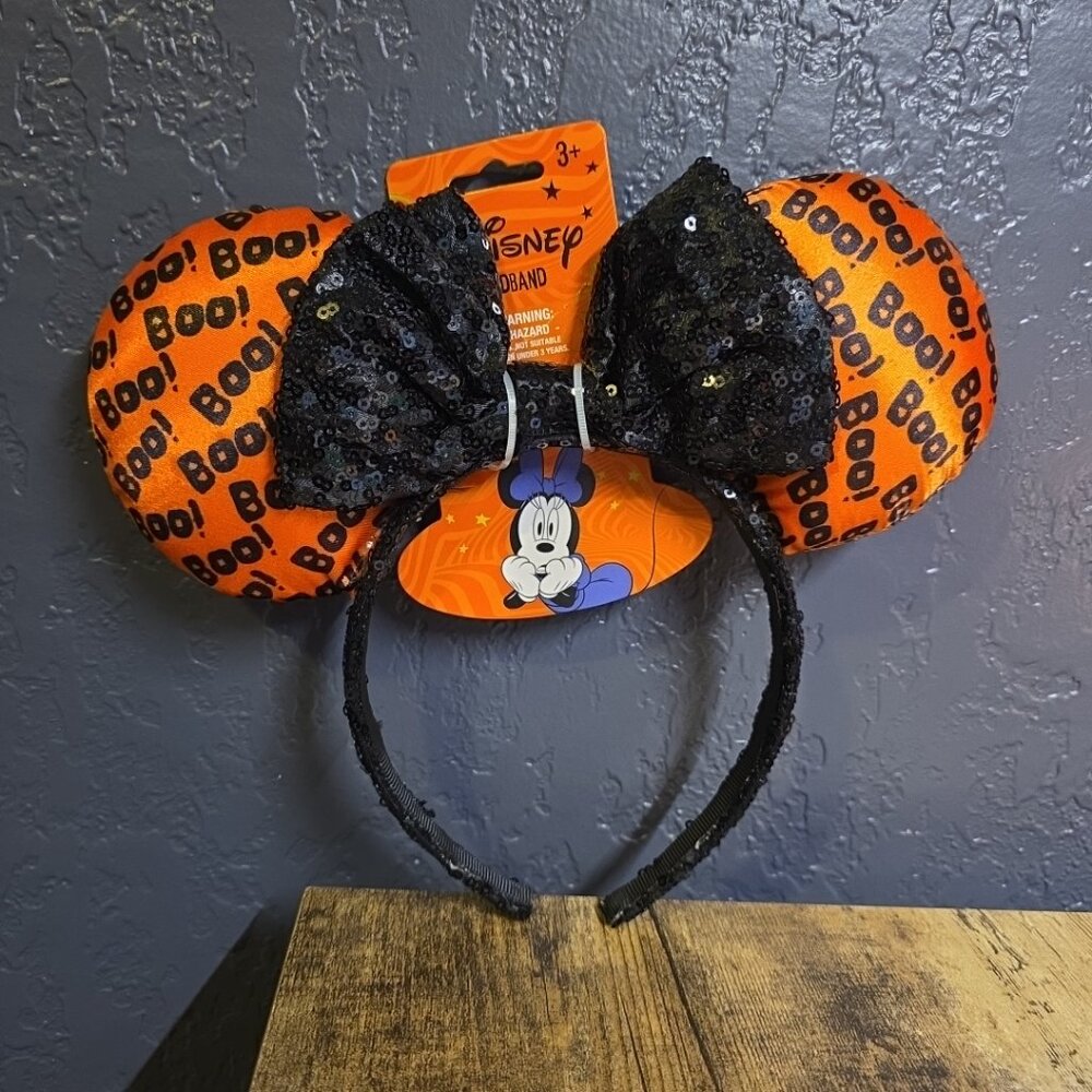 Disney Minnie Mouse Ears Headband Halloween Sequin Bow Orange Boo!